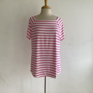 Talbots Pink and White Striped Short Sleeve Square Neck Stretch Tee Size Large